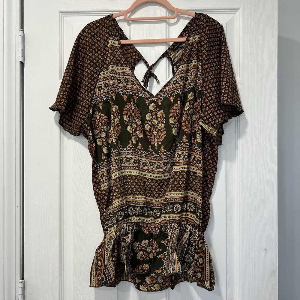 Karma Highway Women's One Size Short Sleeve Open Back Blouse‎ Top Brown NWOT